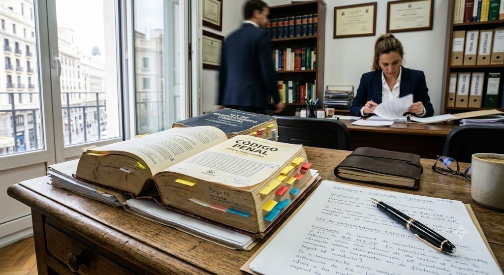 Codigo Penal y documentos juridicos sobre la mesa de un despacho de abogados